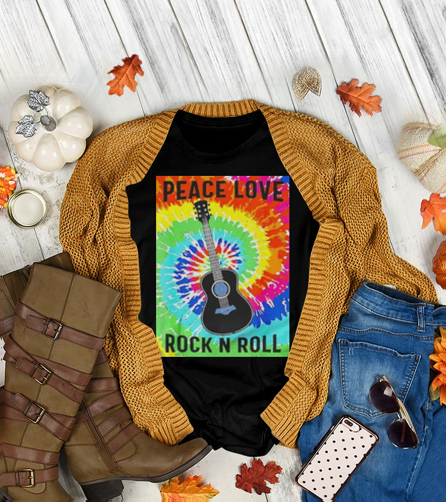 Peace Love Rock N Roll Tie Dye Hippie Guitar Retro Colorful T-Shirt