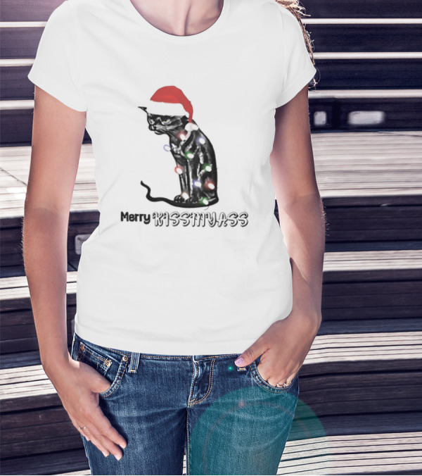Merry Kiss My Ass Cat Christmas Lights Santa Hat T-Shirt