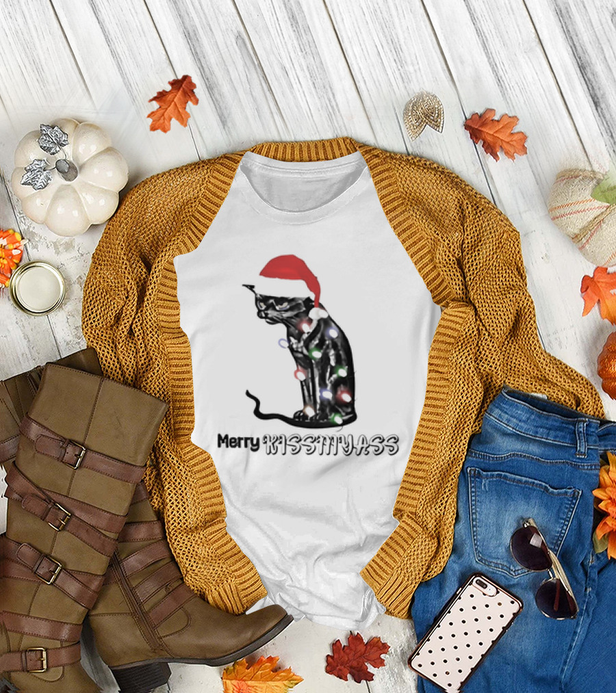 Merry Kiss My Ass Cat Christmas Lights Santa Hat T-Shirt