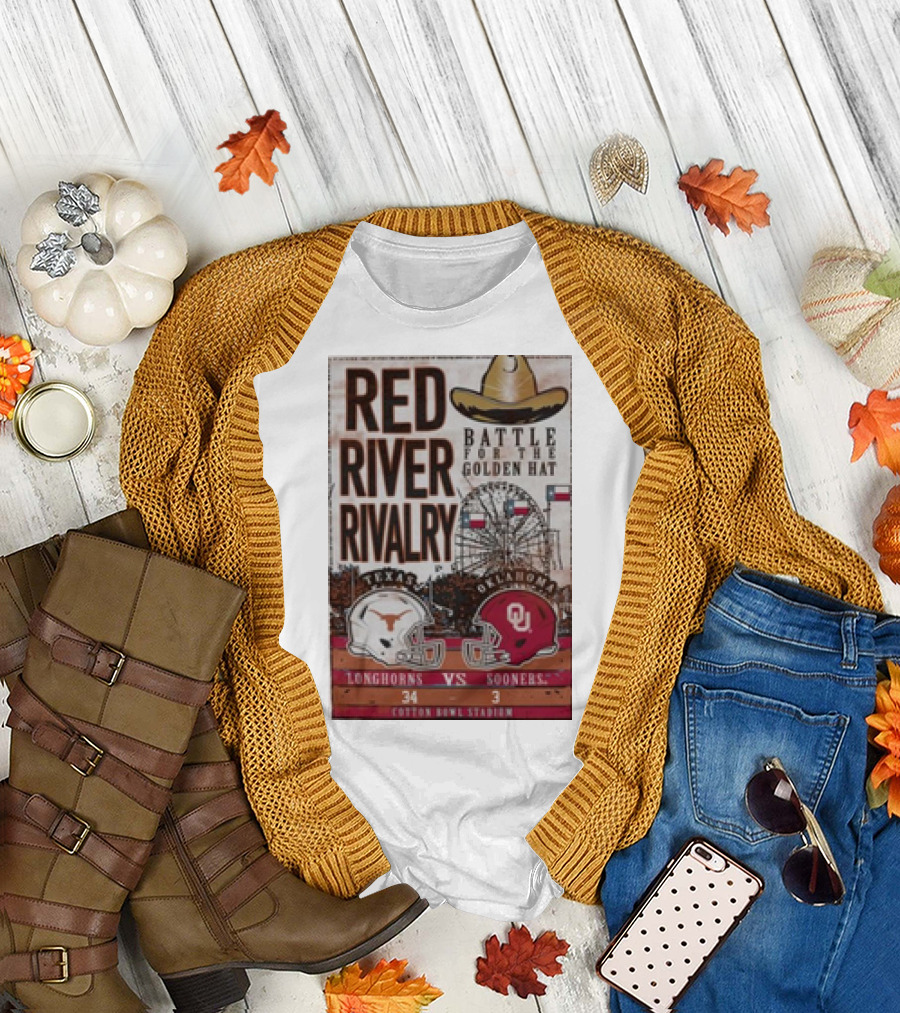 Texas Longhorns Vs Oklahoma Sooners Red River Rivalry Battle for the Golden Hat 34-3 Cotton Bowl Stadium T-Shirt