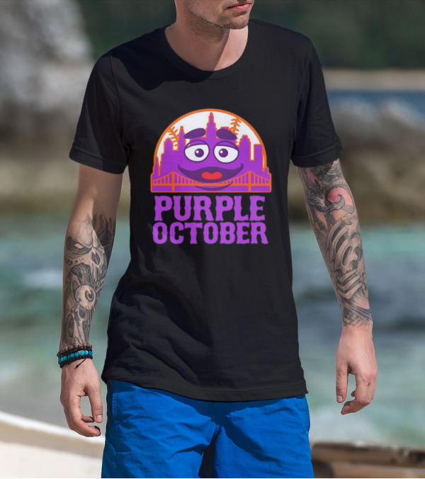 Grimace Purple October New York Mets MLB Skyline Baseball T-Shirt
