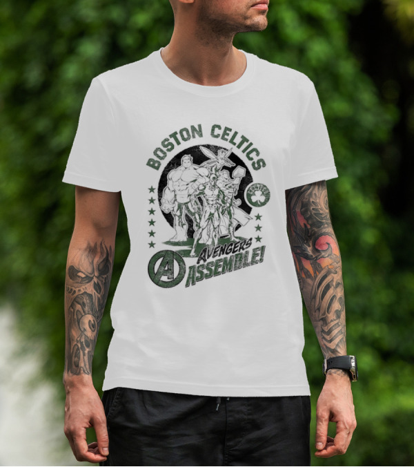 Boston Celtics Marvel Avengers Assemble Crossover Collaboration T-Shirt