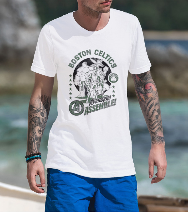 Boston Celtics Marvel Avengers Assemble Crossover Collaboration T-Shirt