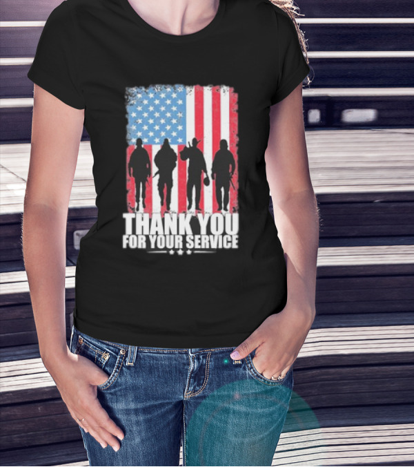 Thank You For Your Service American Flag Soldier Silhouettes Veteran Day T-Shirt