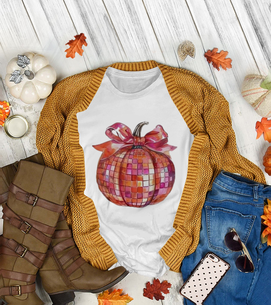 Retro Coquette Mosaic Bow Pumpkin T-Shirt