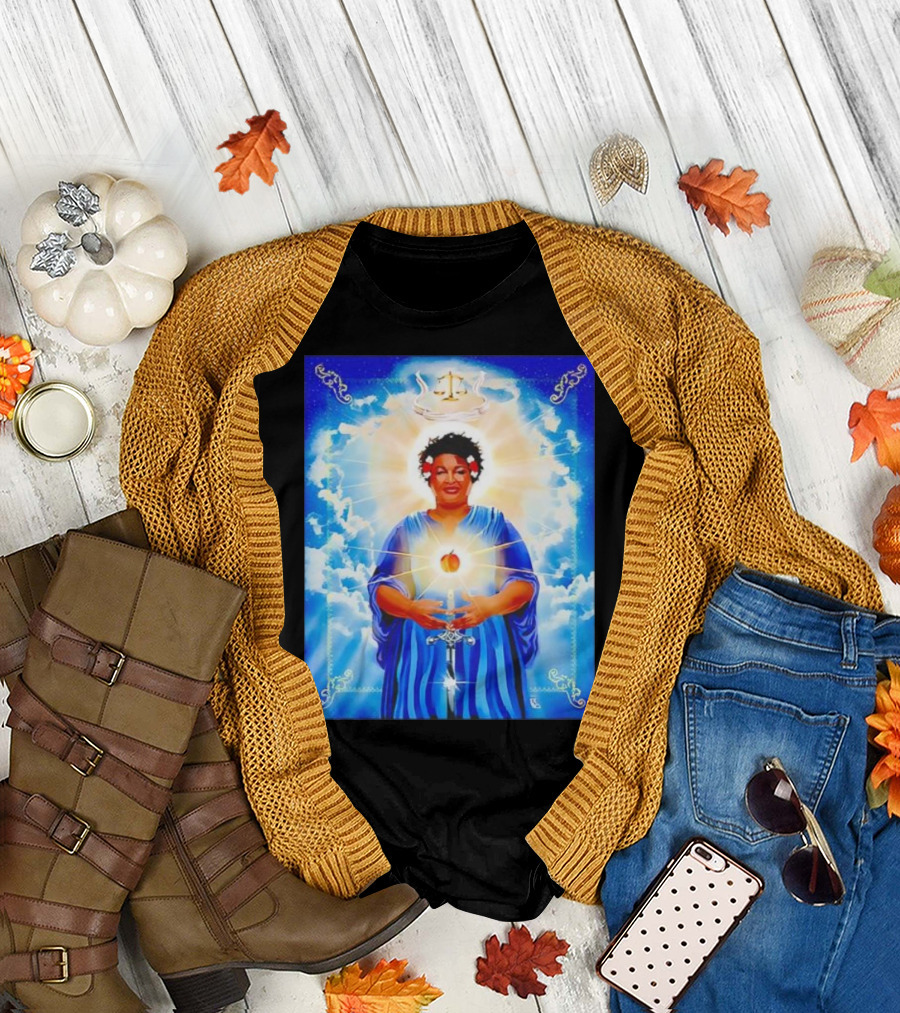 Stacey Abrams Patron Saint of Fairness in Voting with Scales of Justice Halo and Glowing Apple in Celestial Clouds T-Shirt