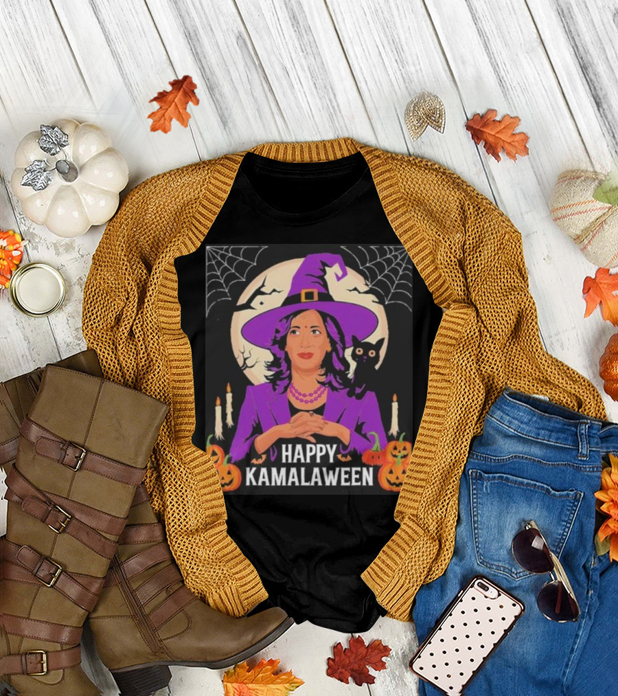 Happy Kamalaween Kamala Harris Witchy Cat Purple Hat Candles Pumpkins T-Shirt