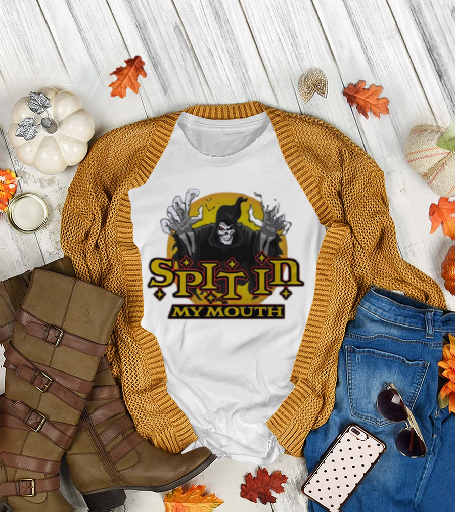 Spit In My Mouth Halloween Grim Reaper Skeleton Cloak Hands Raised T-Shirt