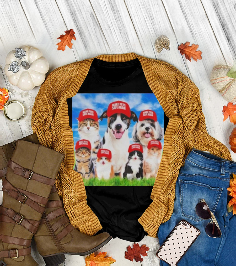 Six Cats and Dogs Wearing Red Make Pets Safe Again Hats on Green Grass T-Shirt