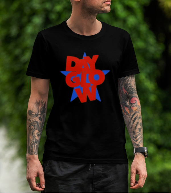 Day Glow Red Blue Star Stacked Black T-Shirt