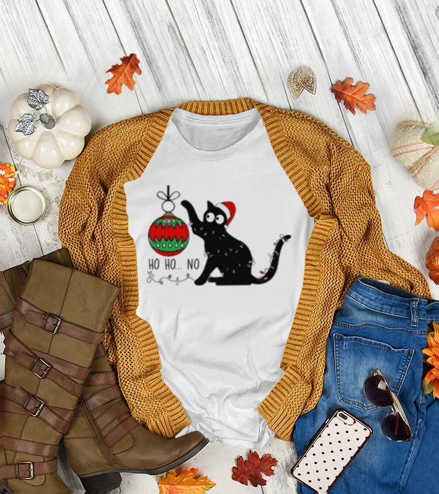 Black Cat with Santa Hat Playing with Ornament Ho Ho No Christmas T-Shirt