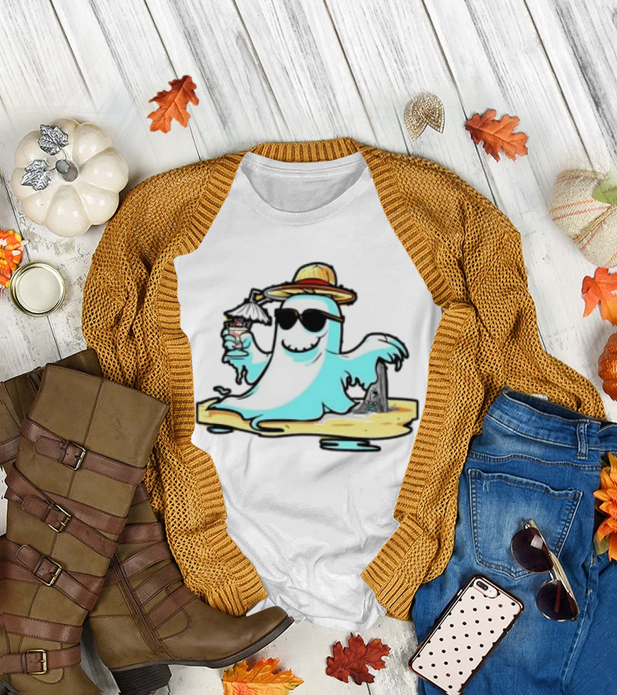 Relaxing Ghost on Vacation with Beach Vibes and Halloween Fun T-Shirt