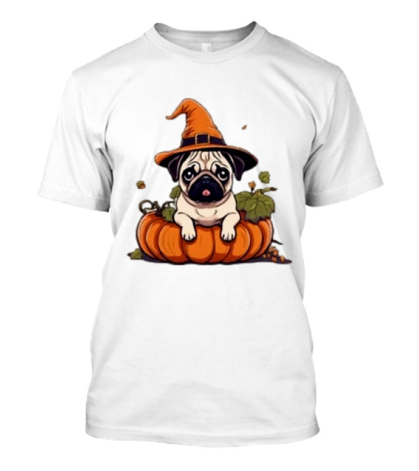 Halloween Pug In Orange Witch Hat With Pumpkin T-Shirt