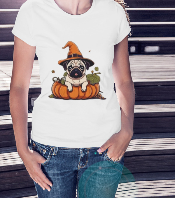 Halloween Pug In Orange Witch Hat With Pumpkin T-Shirt