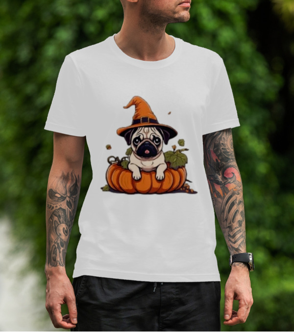 Halloween Pug In Orange Witch Hat With Pumpkin T-Shirt