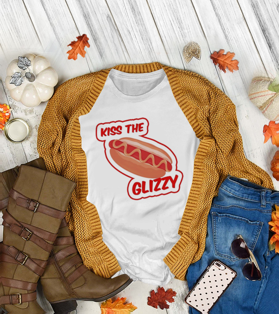 Kiss the Glizzy Hot Dog Bold Text with Mustard and Ketchup T-Shirt