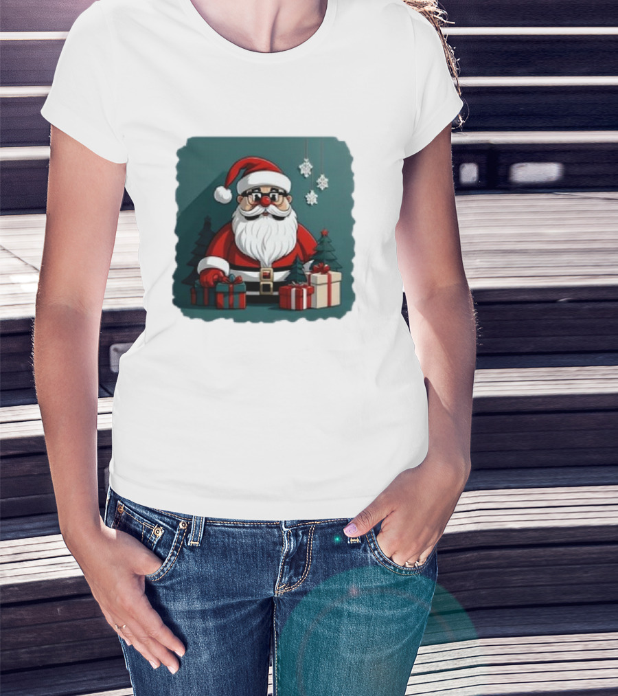 Santa Claus With Snowflakes And Presents Christmas Holiday Scene T-Shirt
