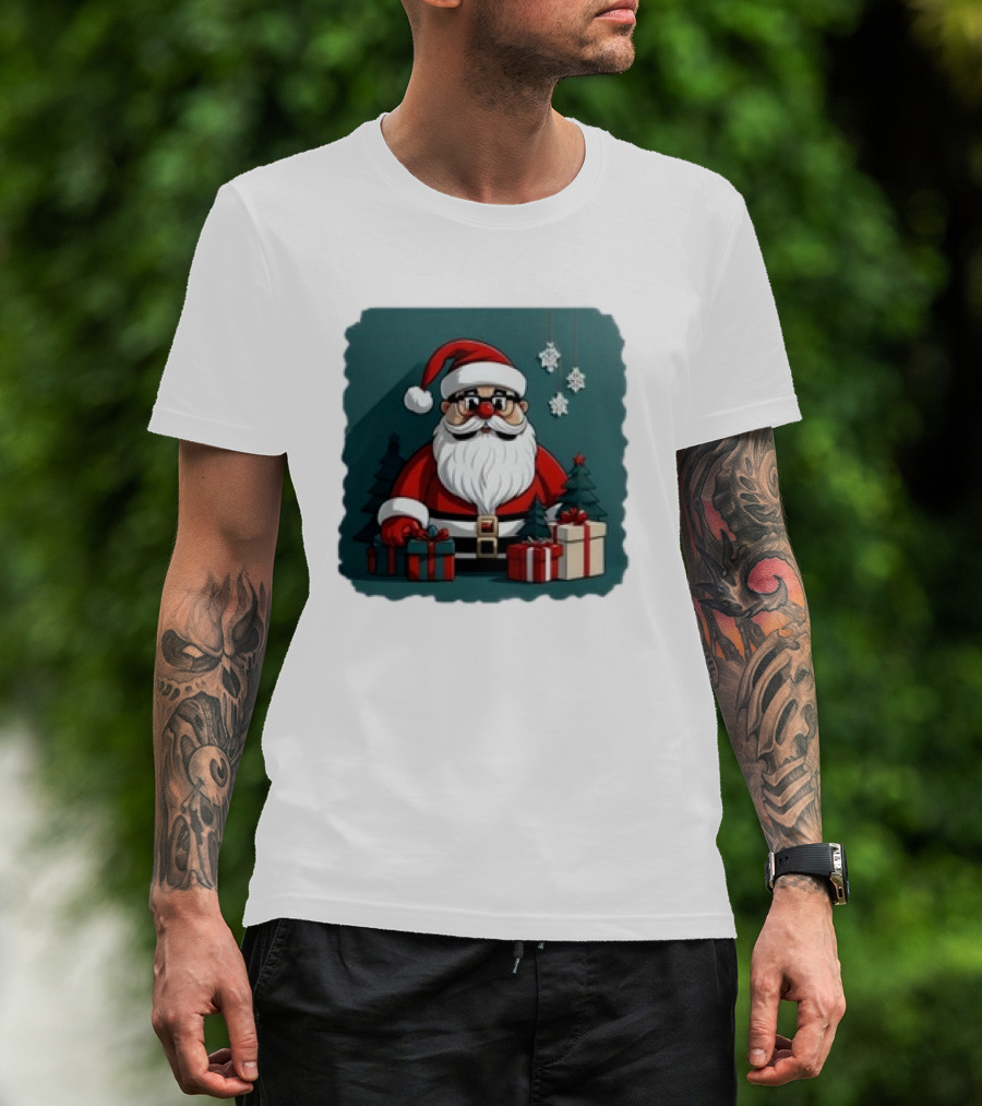 Santa Claus With Snowflakes And Presents Christmas Holiday Scene T-Shirt