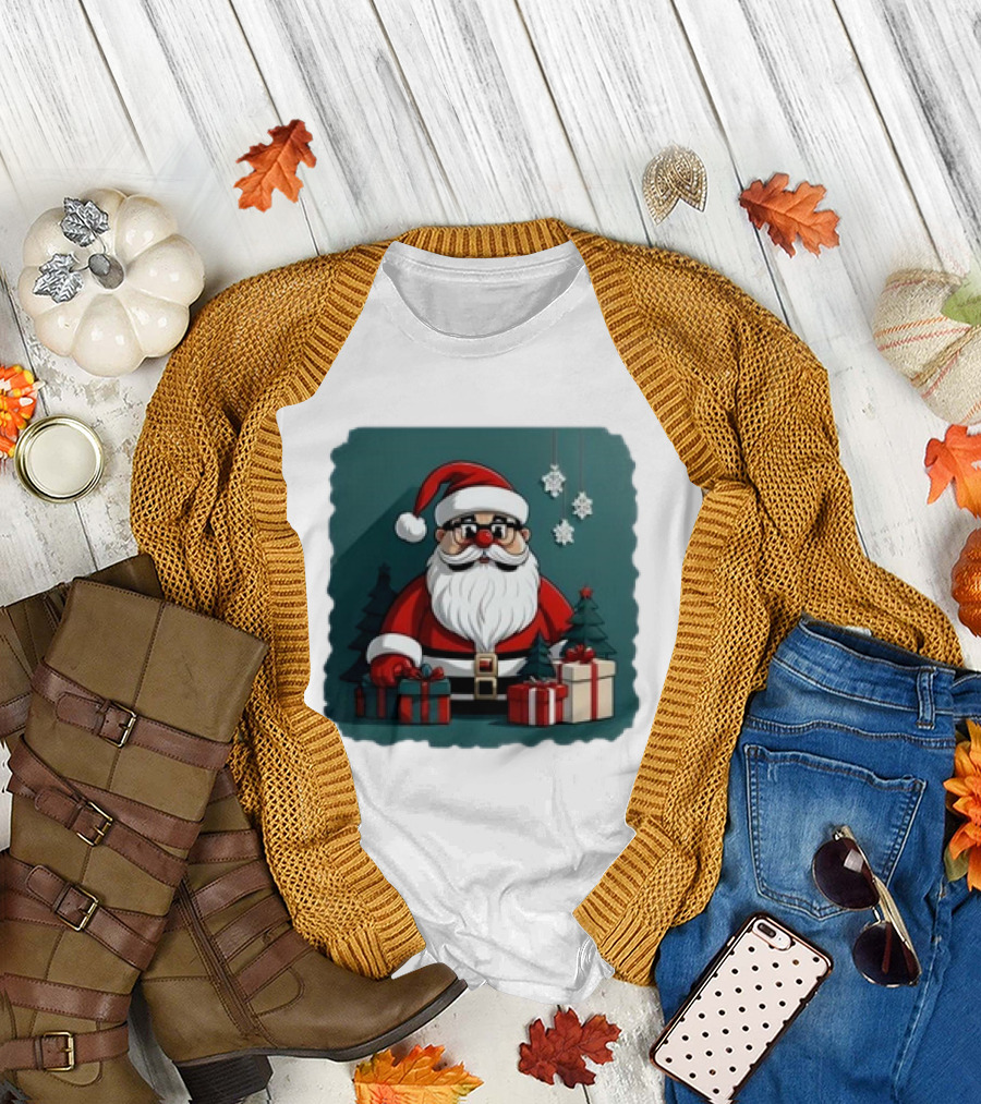 Santa Claus with Snowflakes and Presents Christmas Holiday Scene T-Shirt