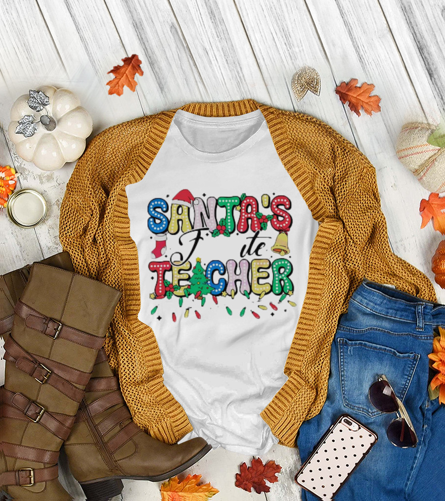 Santa's Favorite Teacher Christmas Light with Hat, Stocking, Bell, and Tree T-Shirt