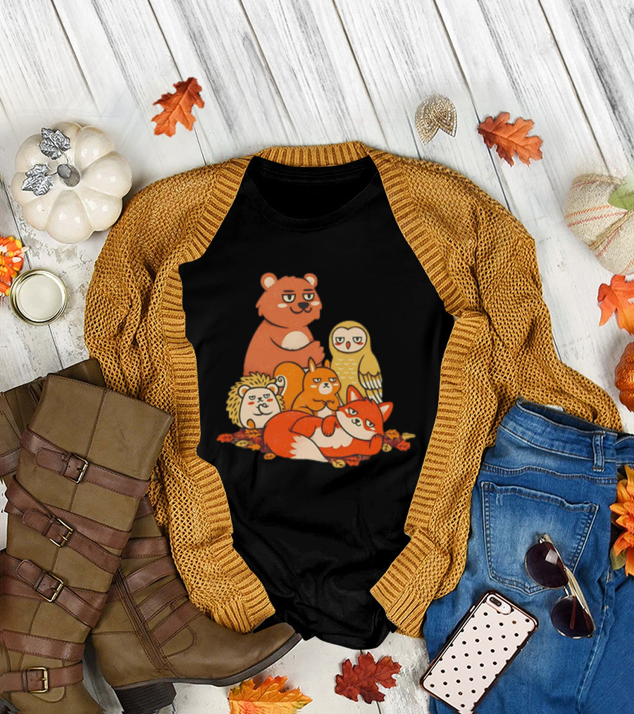 Animals X The Breakfast Club Autumn Edition with Hedgehog, Bear, Owl, Fox, Squirrel T-Shirt