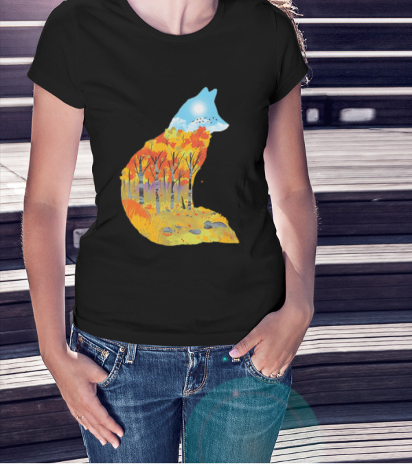 Fox Autumn Forest Landscape With Sun And Birds - I Am The Forest II T-Shirt