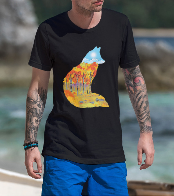 Fox Autumn Forest Landscape With Sun And Birds - I Am The Forest II T-Shirt