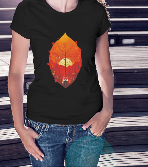 Panda Red Leaf Forest Sunset T-Shirt