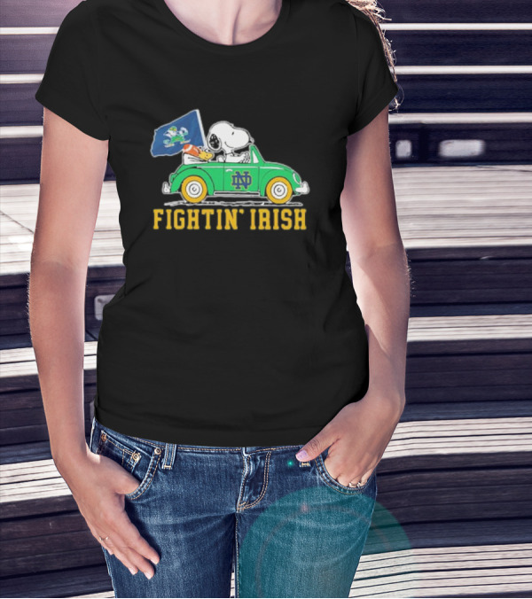 Peanuts Snoopy Woodstock Driving Notre Dame Fighting Irish Car T-Shirt