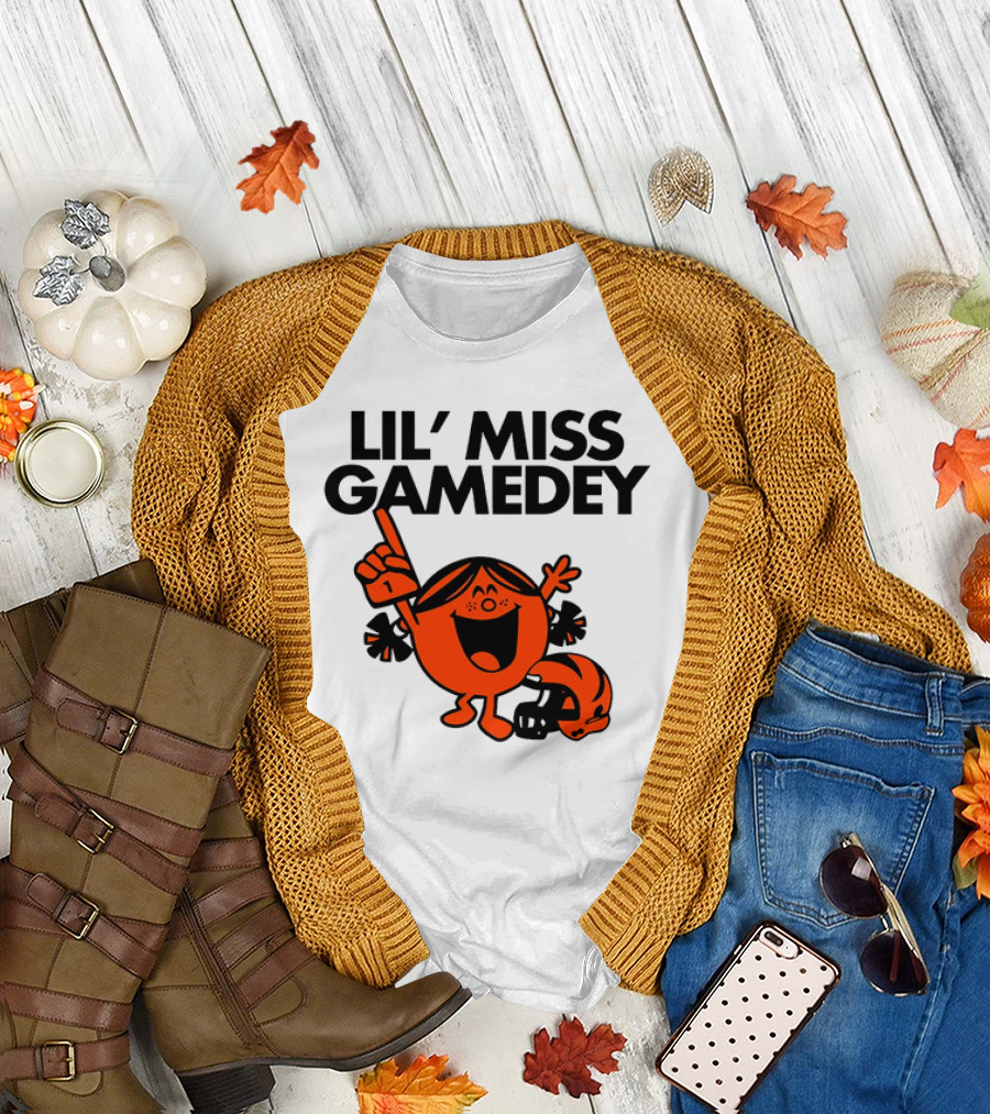 Lil Miss Gamedey Cincinnati Bengals Football Fandom Icon with Cheerful Character and Helmet T-Shirt
