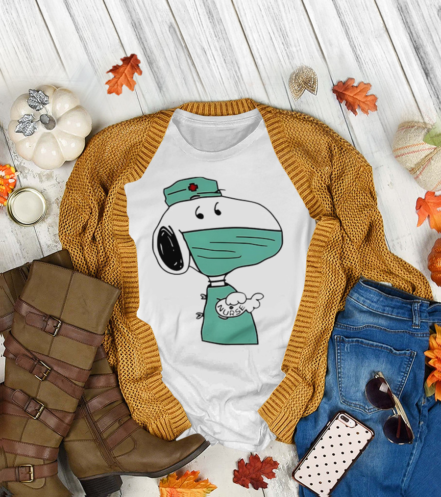 Snoopy Nurse Cartoon in Scrubs with Mask T-Shirt