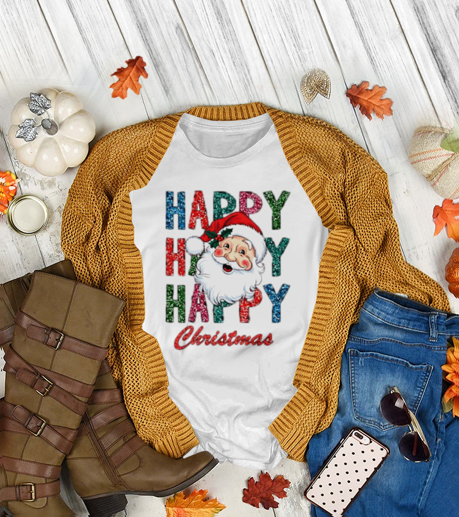 Glitter Happy Happy Happy Christmas Santa Claus T-Shirt