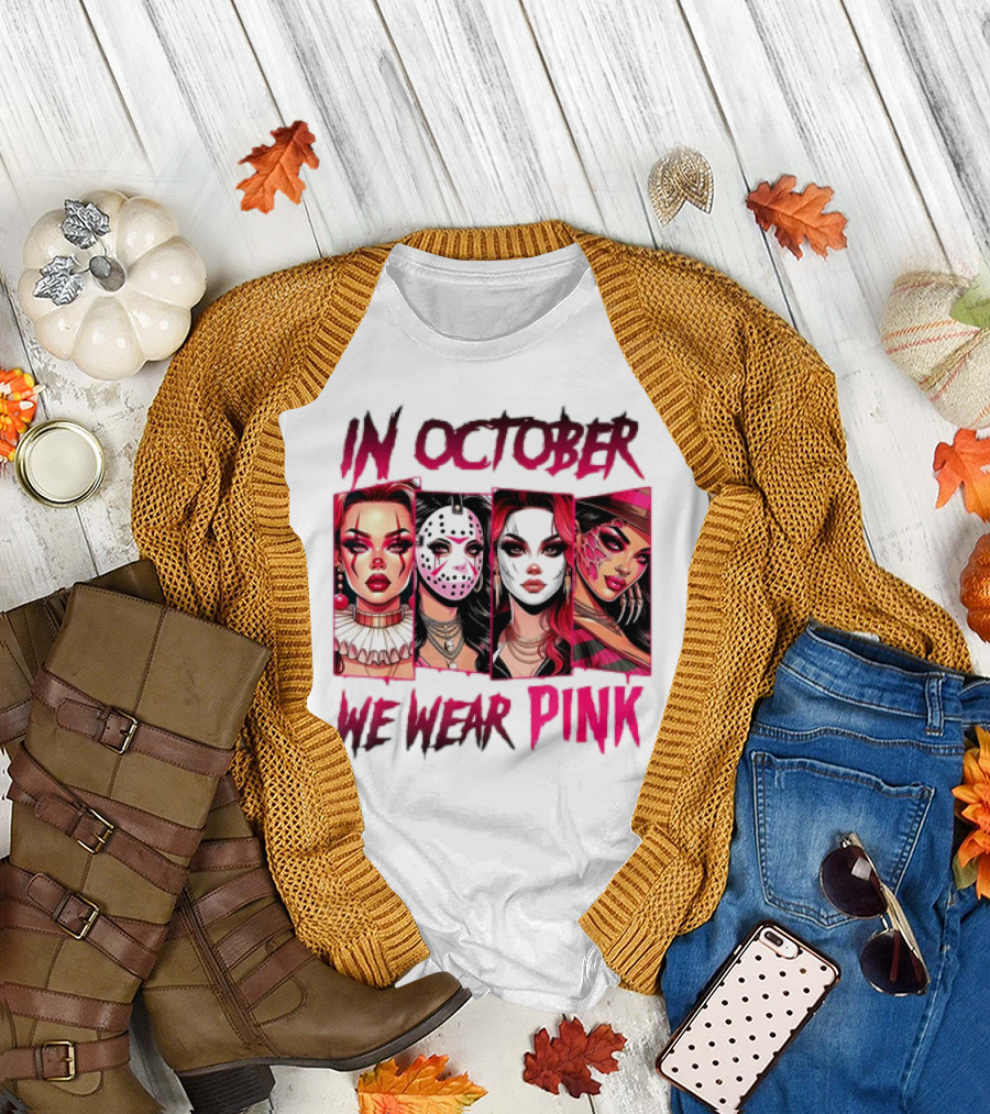In October We Wear Pink Horror Girl Halloween Masked Characters T-Shirt
