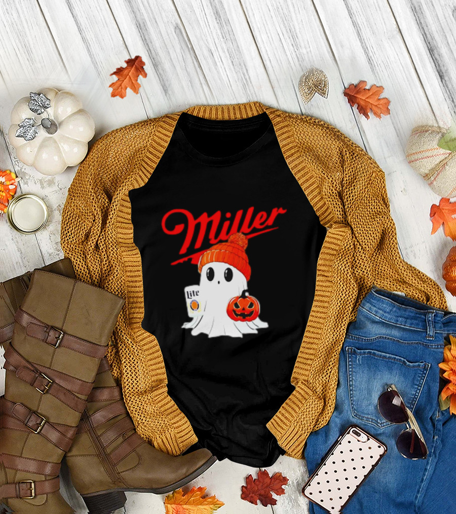 Miller Lite Halloween Ghost Pumpkin Beanie T-Shirt