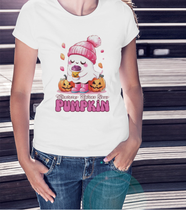 Ghost In Pink Beanie With Coffee And Pumpkins Whatever Spices Your Pumpkin T-Shirt