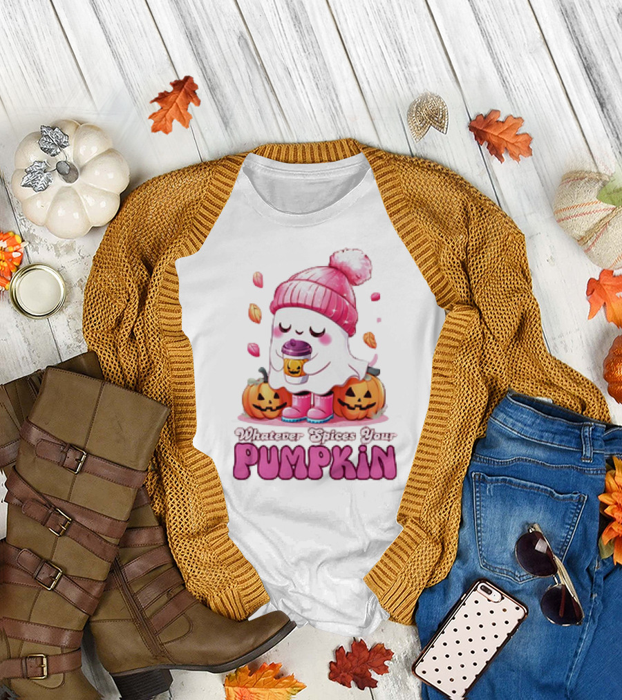 Ghost in Pink Beanie with Coffee and Pumpkins Whatever Spices Your Pumpkin T-Shirt