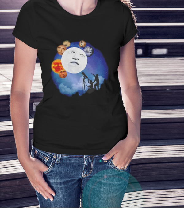 Man And Child Stargazing At Moon And Face Planets T-Shirt
