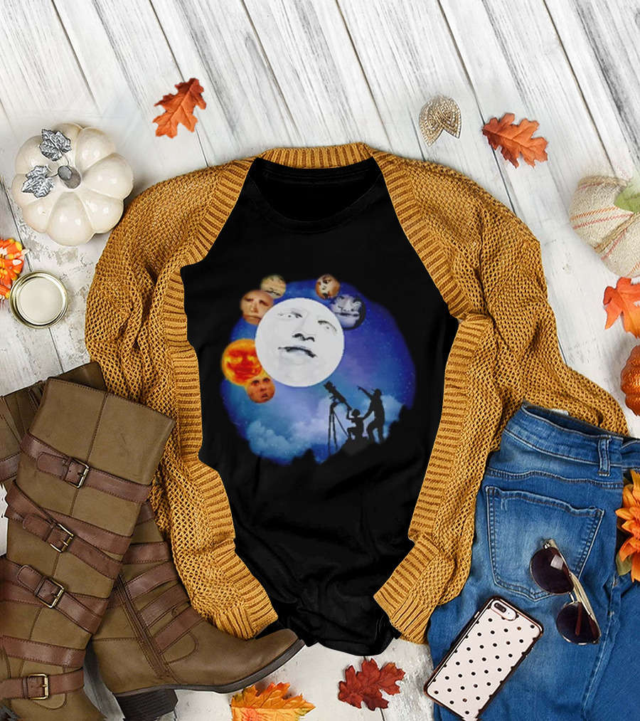 Man and Child Stargazing at Moon and Face Planets T-Shirt
