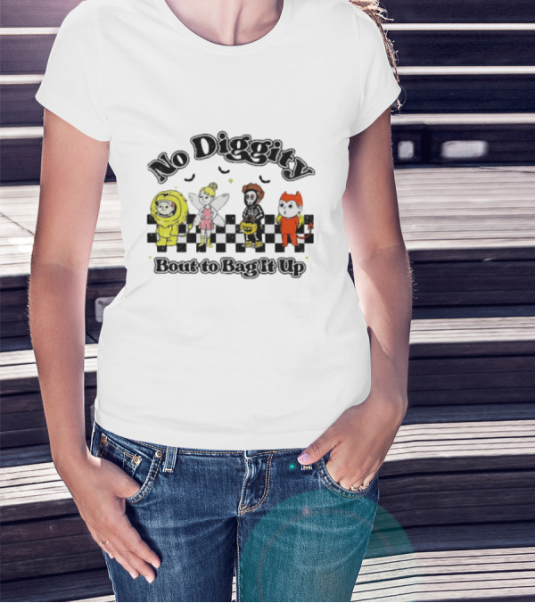 No Diggity Bout To Bag It Up Halloween Costume Characters Checkerboard Bats T-Shirt