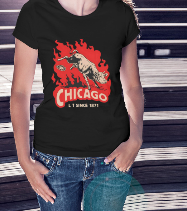 Chicago Lit Since 1871 Kicking Cow Flame T-Shirt