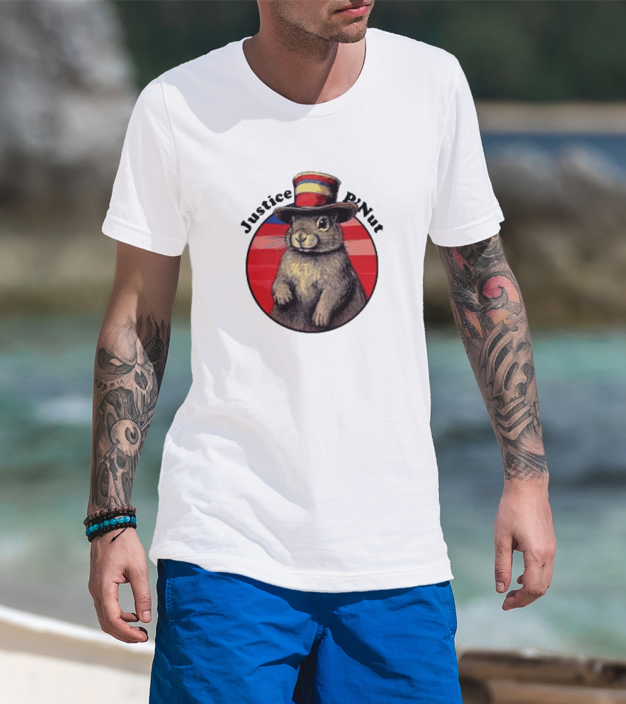 Justice P’Nut Squirrel Wearing Vintage Hat With Red Blue Stripes T-Shirt
