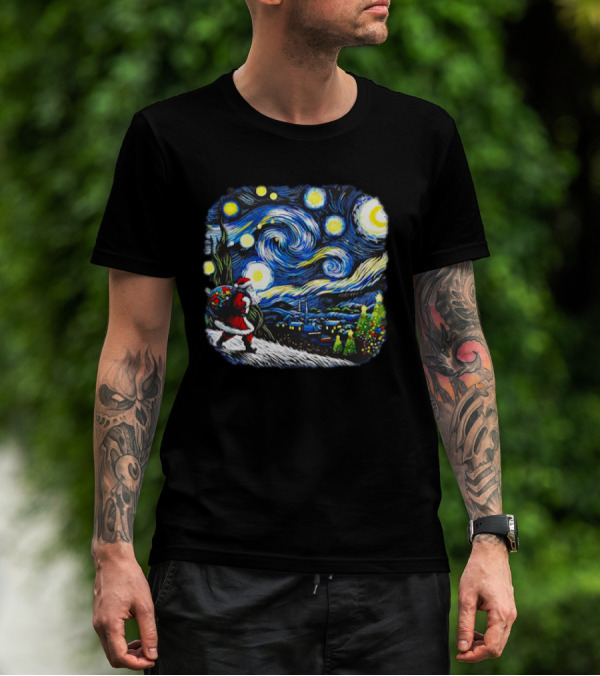 Van Gogh Starry Night Santa Christmas Winter Snowy Night Scene T-Shirt