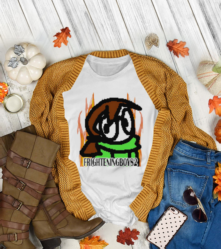 FRIGHTENINGBOY82 Leaf Pixel Art Character with Green Scarf and Flames T-Shirt
