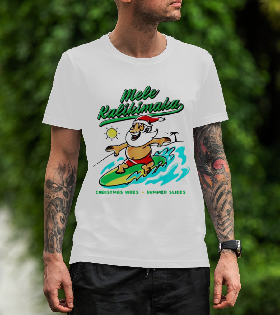 Mele Kalikimaka Santa Claus Surfing Christmas Vibes Summer Slides T-Shirt