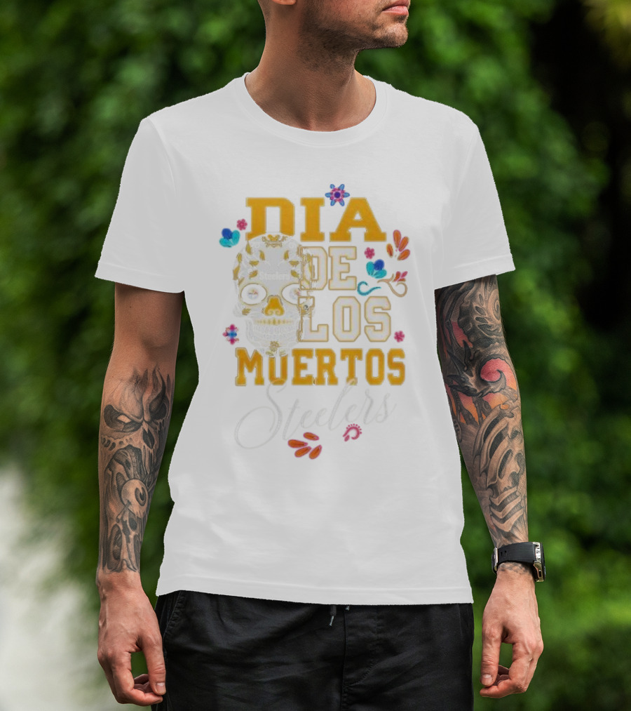 Pittsburgh Steelers Dia De Los Muertos Skull Flowers T-Shirt
