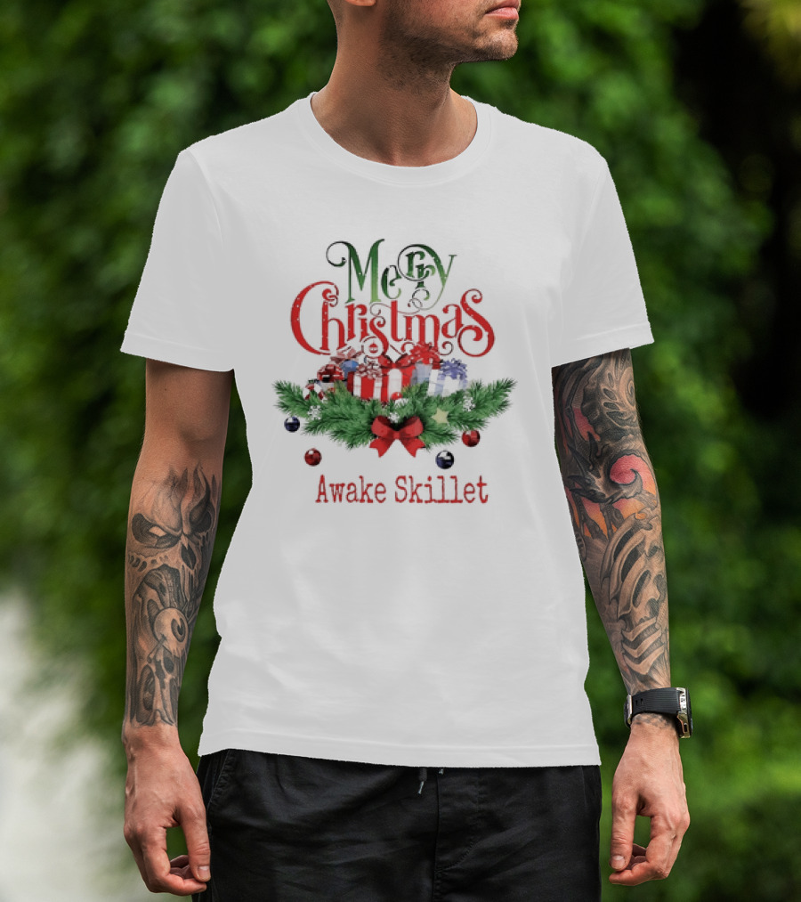 Merry Christmas Awake Skillet Festive Presents And Pine Garland T-Shirt
