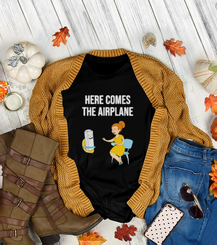 HERE COMES THE AIRPLANE CARTOON TOILET PAPER AND WOMAN ON CHAIR T-Shirt