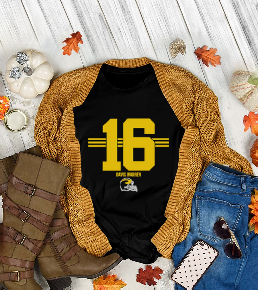 Michigan Football Davis Warren 16 Yellow Stripe Helmet T-Shirt