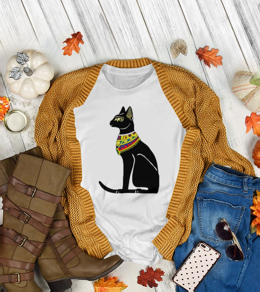 Regal Egyptian Cat with Colorful Geometric Scarf T-Shirt