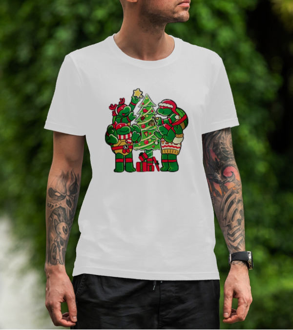 Cozy Xmas Teenage Mutant Ninja Turtles Christmas Tree Decorating Scene T-Shirt